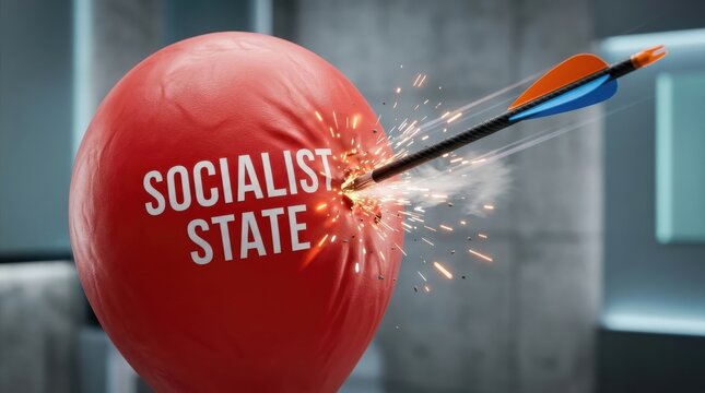 Arrow hitting socialist state balloon concept, dynamic creative visual of impact and strategy, modern clean composition, high