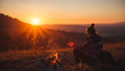 Obraz premium There is a woman sitting next to a campfire with the sun setting in the background