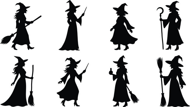 Standing Halloween Witch Silhouettes with Brooms and Potions