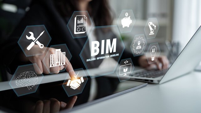 Business professional interacting with digital interface showing Building Information Modeling concepts for architecture and construction technology applications. Glyphic.