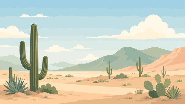 Minimal desert cactus landscape with soft clouds and green hills, cactus, desert, hills, clouds, green, beige, landscape, sky,