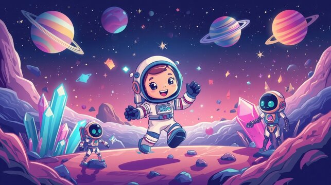 Cheerful cartoon astronaut waving on a colorful alien planet with glowing crystals and a robot companion in space with vibrant alien landscape