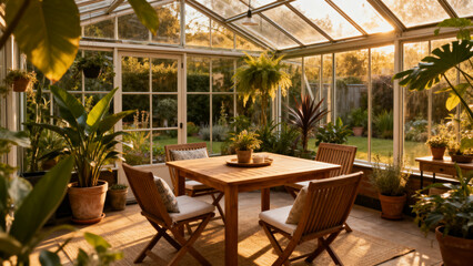 Obraz premium Stylish outdoor greenhouse with indoor seating area, cozy garden retreat for relaxation and conversation
