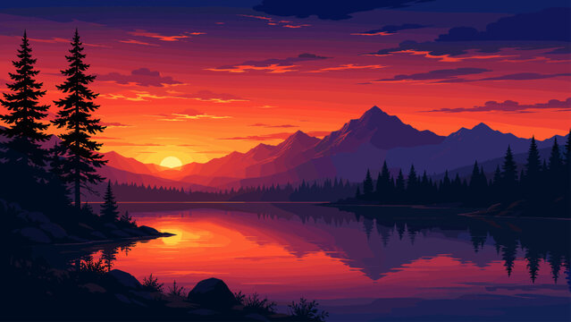 Sunset pine forest landscape with red sky, dark trees, and calm evening lake, forest, sunset, pine trees, red, sky, lake,