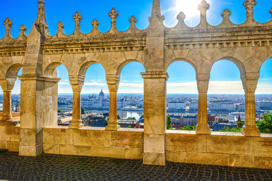 Panoramic view from Fisherman's Bastion over the Danube with the Hungarian Parliament and the historic skyline of Budapest