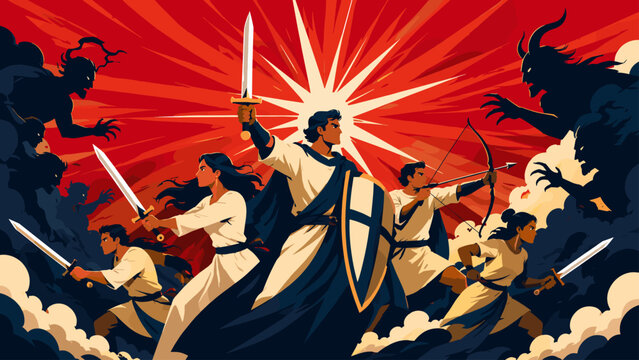 Spiritual battle poster with red starburst, people, swords, and dramatic faith action mood, battle, poster, starburst, people,