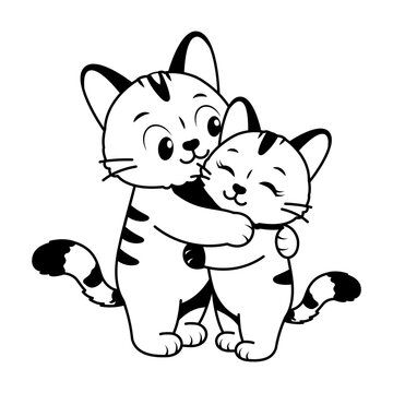 Orange cat hugging a gray cat.