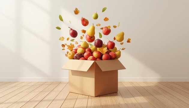 There is a box full of apples and pears flying out of it