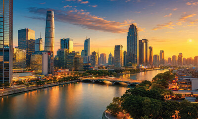Fototapeta premium Golden Hour Metropolis Riverfront Skyline