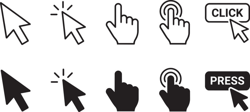 Set of black and white computer cursor icons featuring arrows hands and buttons for modern digital user interface design projects
