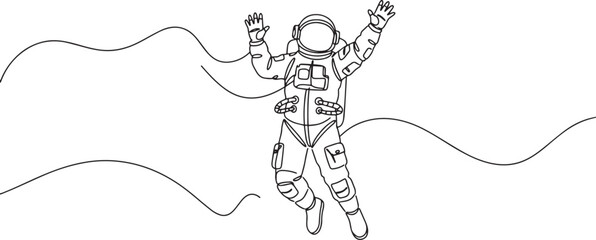 Fototapeta premium Astronaut floating in space with arms raised, line art illustration.