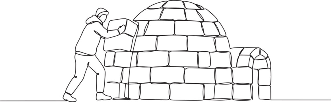 Man building an igloo with snow blocks in a winter landscape.