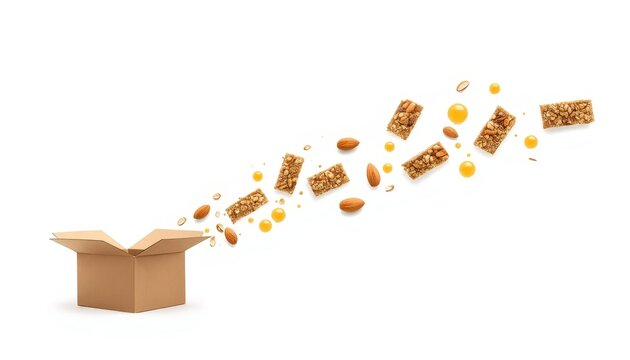 There is a box with cereal and nuts flying out of it