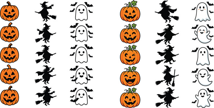 Repeated patterns of pumpkins witches and ghosts halloween icons with halloween celebration elements silhouette collection seasonal illustration decoration traditional