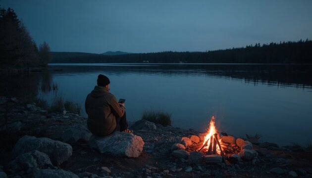 There is a man sitting next to a campfire on the shore of a lake