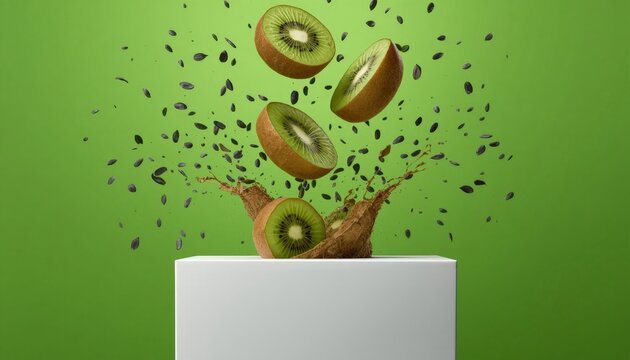 Apples and kiwis are falling into a white box on a green background