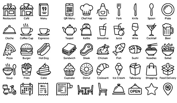 restaurant, cafe, menu, food, drink, icon, outline, line, editable, vector, web, ui, app, interface, fork, knife, spoon, coffee, pizza, burger, sushi, salad, dessert, delivery, takeaway, chef, beverag