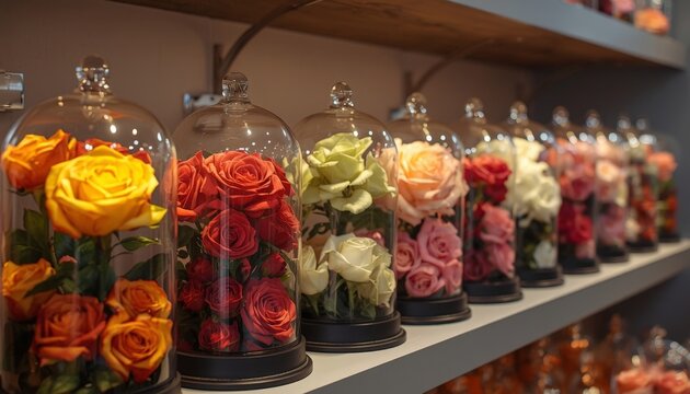 There are many different types of flowers in glass cloches on a shelf