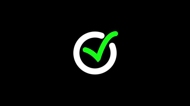 Check mark icon white color. check mark animation motion. Animated tick mark icon with circle loading animated on a black background.