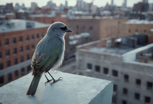 bird perched on urban rooftop ledge with city background