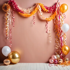 Fototapeta premium Colorful party decorations with balloons and streamers