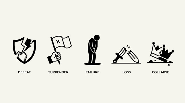 Set of icons representing defeat failure and surrender