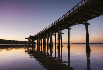 Obraz premium Wooden pier over calm water at twilight