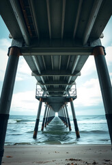 Fototapeta premium Underneath view of a wooden pier over ocean waves