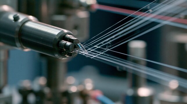 Medium shot of polymer fibers being carefully extruded in a lab setting highlighting precise control during carbon fiber precursor spinning for pilotscale production.