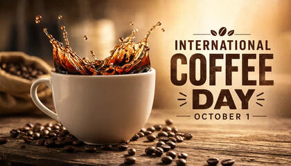 International coffee day celebration with splashing coffee and roasted beans october 1st