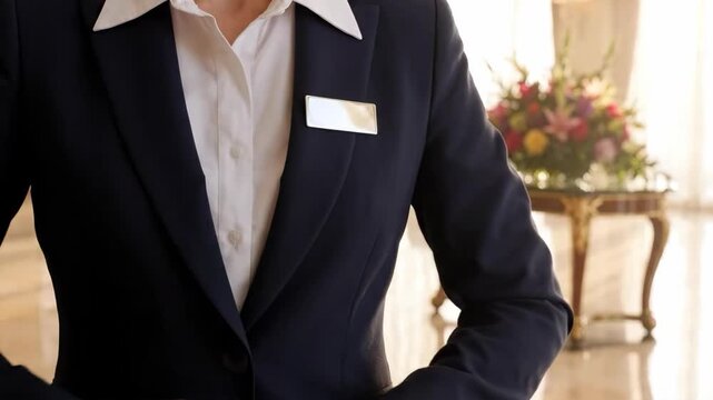 Professional Woman Attaching Name Tag to Suit Jacket in Elegant Setting.