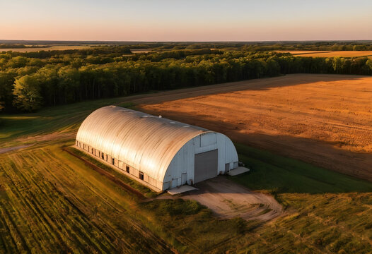 Old quonset barn in rural field at golden hour