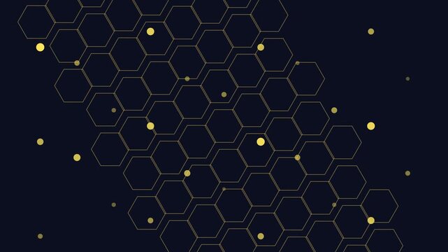 Abstract gold hexagon pattern motion animation 4k background, with floating particles, for tech and, data visualization