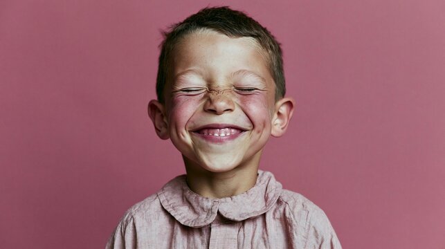 Close-up portrait of a young boy with a big smile on his face. he appears to be happy and excited, with his eyes closed and his mouth slightly open. his cheeks are rosy and his eyebrows are furrowed.