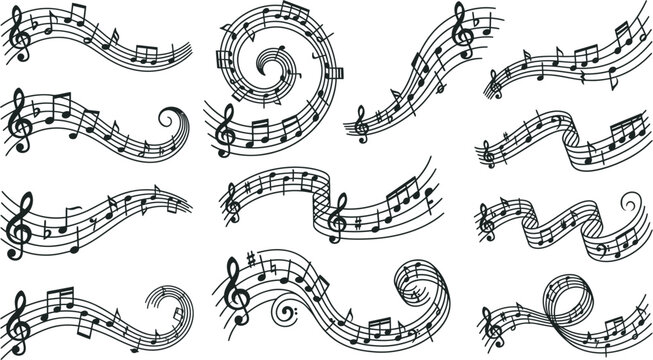 Musical notes wavy set- staff wave design elements with music notes