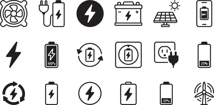 Set of black and white energy icons featuring batteries power plugs solar panels and electrical symbols on white background