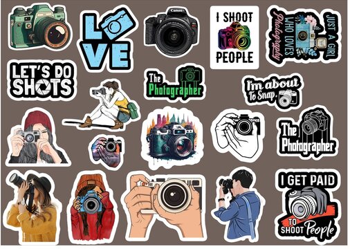 Photography lover sticker sheet, camera and photographer quotes illustration collection for creatives, planner and laptop decoration