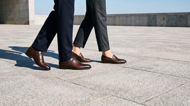 Low angle view of two businessmen in formal trousers and brown leather shoes walking on a stone plaza