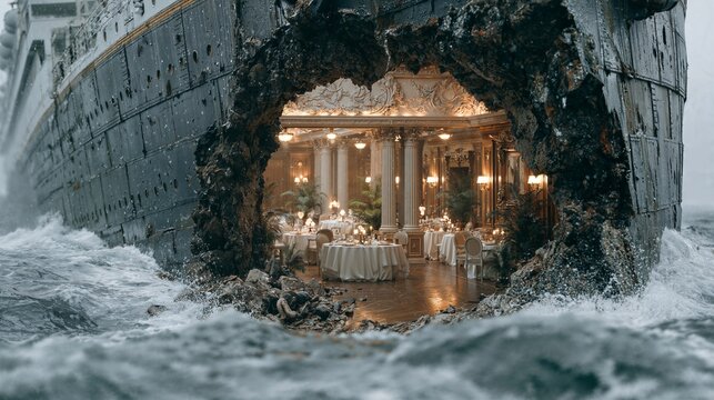 Surreal Juxtaposition of a Glowing Ornate Luxury Dining Room Revealed Through a Massive Breach in a Sinking Ocean Liner Amid Stormy Crashing Waves