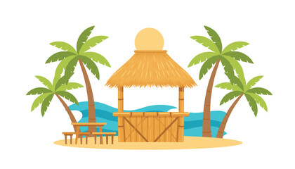 Obraz premium Thatched tiki bar with wooden counter sits on beach near palm trees and ocean waves.