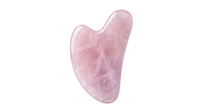 Rose quartz gua sha tool for facial massage, pink crystal stone for skincare routine, heart shaped jade scraper on white background