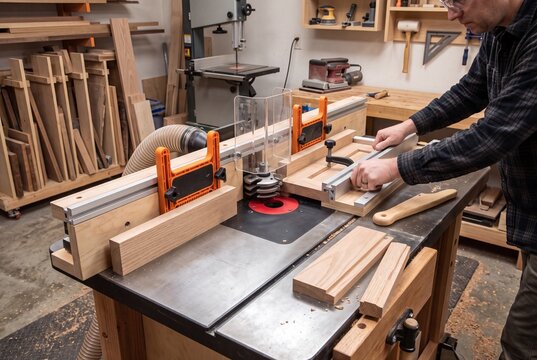 Woodworker in plaid shirt adjusts precise router table jig with hardwood boards, clamps, dust extraction, and bench tools inside organized workshop, showing careful custom cabinetry and joinery work