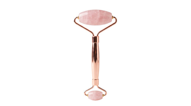 Rose quartz face roller for skincare routine, pink crystal facial massage tool with gold handle, natural stone beauty massager on white background