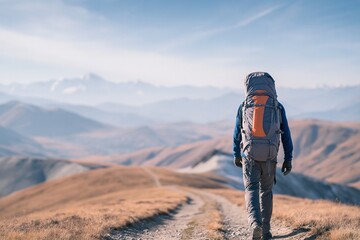 Obraz premium Mountain Hikers Journey Through Golden Hills