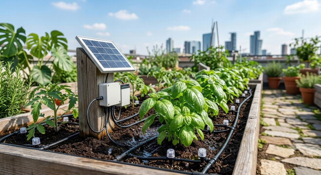 Orto urbano con irrigazione automatica alimentata da pannello solare. Generative AI 