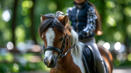 Obraz premium Faceless little girl riding a small pony in a green park during a children's equestrian lesson, safe beginner riding environment, defocused park in background, girl pony riding