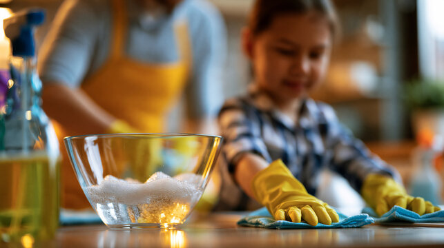 Faceless children cleaning the kitchen with parents at home, learning domestic responsibility together, defocused kitchen in background, children kitchen cleaning concept