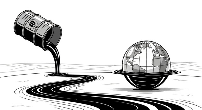 Pollution concept with oil barrel and globe.