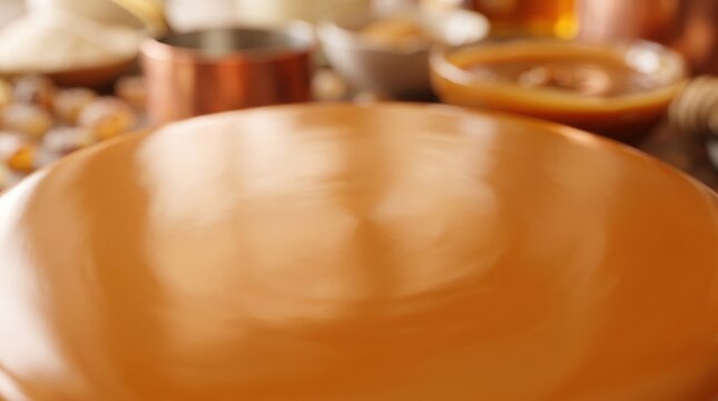 A large orange plate sits on a table surrounded by various kitchen items and ingredients including nuts and bowls.
