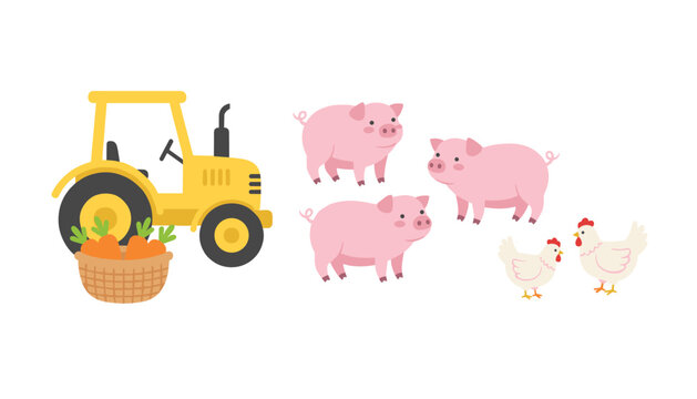 Small farm scene showing a yellow tractor next to a basket of carrots with three pink pigs and two white chickens standing nearby.